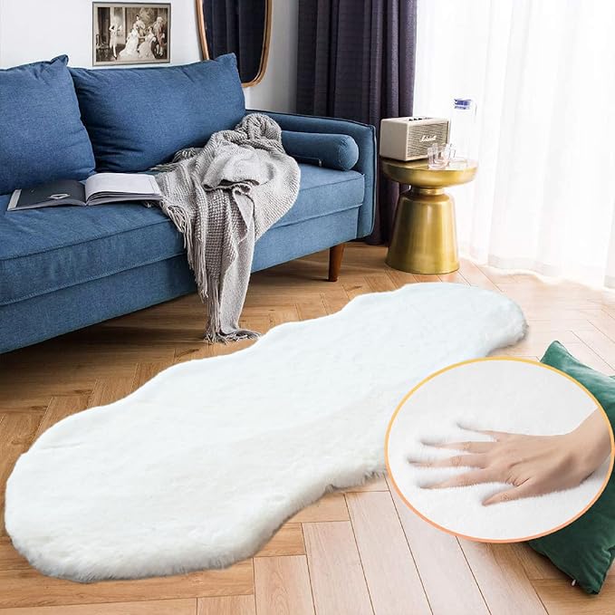 ORINOVA White Faux Bunny Fuzzy Fur Rugs for Bedroom Living Room Shag Washable Furry Area Rug 2x6 Nursery Shaped Rug Teen Room Décor