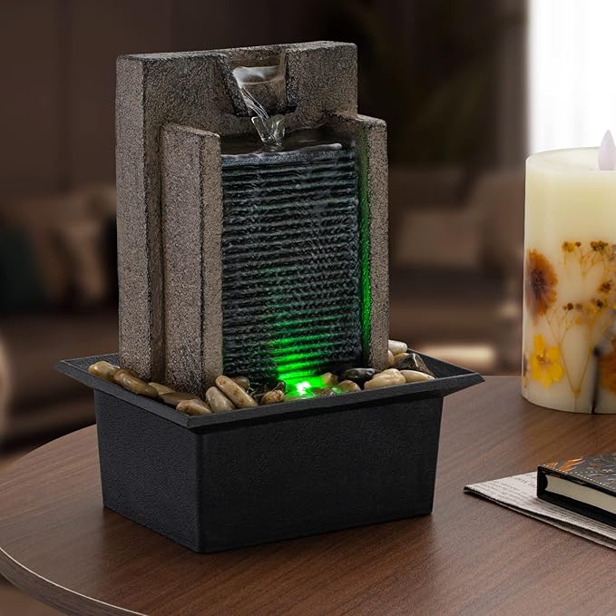 Amootek Tabletop Fountain Relaxing Tabletop Waterfall Fountain with Natural River Rocks & Color-Changing LED Lights - Indoor Zen Office/Home Decor Water Feature, 6.3"x 5.12"x 8.66"