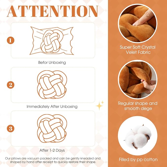 Beeveer 2 Pcs Knot Pillow Balls Set, 12 Inch Soft Decorative Throw Knot Pillow Ball, Large Square Knotted Floor Cushion for Living Room Bedroom Sofa Couch Bed Home Decoration(Caramel Brown)