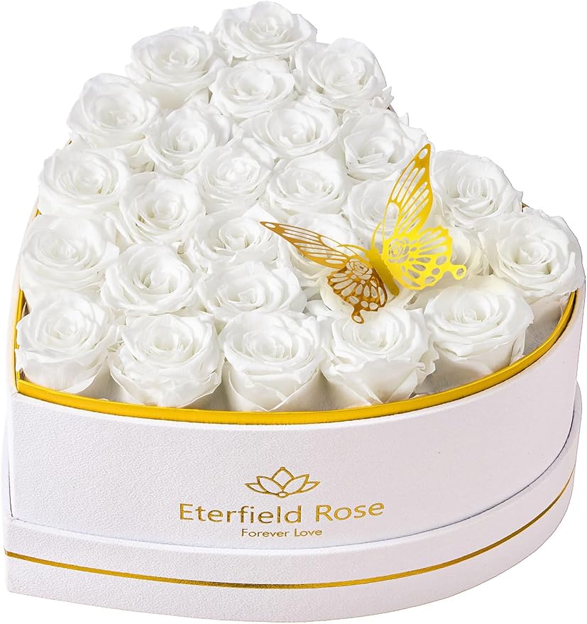 Eterfield 27 Forever Flowers in Heart Shape Box, Preserved Roses that Last a Year Preserved Flowers Birthday Gifts for Her Mom Women Wife Anniversary Valentines Day Mothers Day Christmas, White