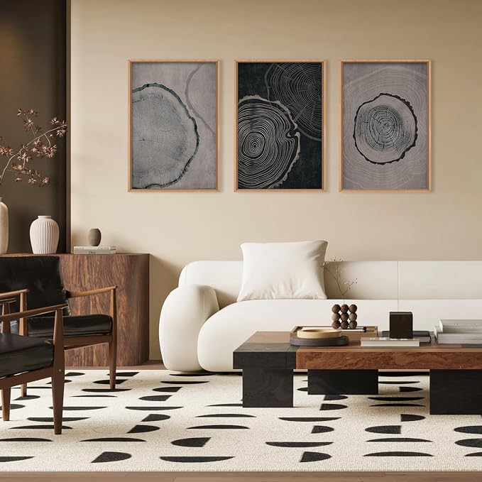 Ausril Large Neutral Tree Ring Framed Canvas Wall Art Set, Modern Beige Wood Stump Wall Decor, Nature Tree Spiral Prints,Minimalist Black Gray Artwork for Living Room, Bedroom, Office - 24"x36"x3