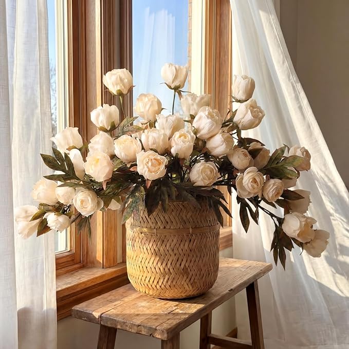 Thiccywoov 8 Pcs Beige Faux Peony Stems Flowers Bulk Vintage Artificial Silk Peonies Stems Real Look Fake Peonies Branches for Vase Filler DIY Bouquet Centerpieces Home Indoor Outdoor Decorations