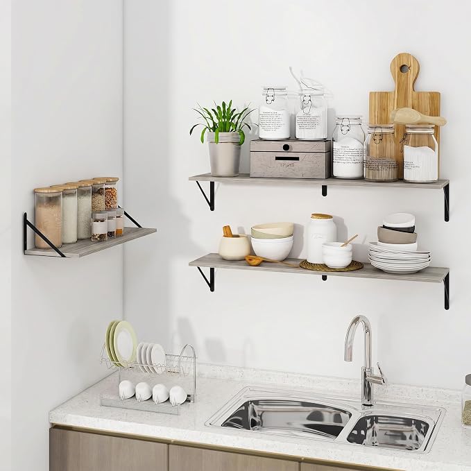 Vivelove Deep Floating Shelves for Wall, 24W x 8D Rustic Grey Wood Wall Shelves Set of 3, Large Floating Shelf for Living Room, Kitchen, Office, Bedroom and Decor Storage, with Metal Bracket - Grey