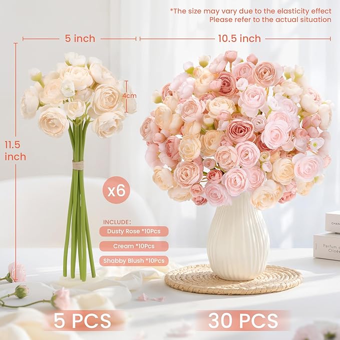 Alupssuc 30Pcs Ranunculus Artificial Flowers Faux Silk Mini Ranunculus, Artificial Flowers Indoor for DIY Bouquets, Bulk Fake Wedding Filler Flowers for Bride Decorations, DustyRose&Cream&ShabbyBlush