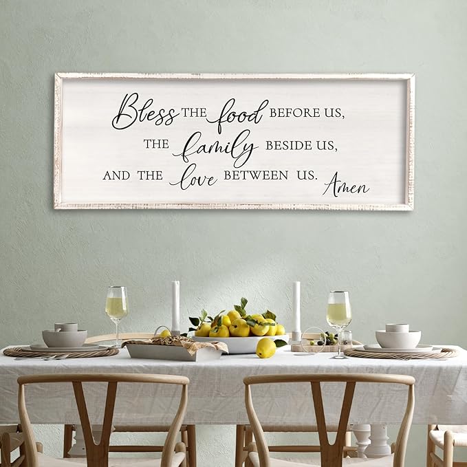 Surfapans Bless the Food Before Us Wall Decor, 40"X15" Farmhouse Dining Room Family Kitchen Sign, Christian Bible Verse Scripture Vintage Home Framed Wood Wall Art (White)