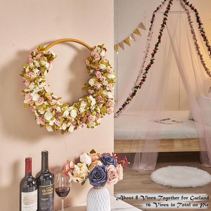 PONKING 8 Pcs x 8.2 ft Flower Garland Artificial Rose Vine Flowers with Green Leaves Hanging Fake Roses Vine for Room Party Home Wedding Birthday Christmas Wall Arch Decor, Pink White Flower