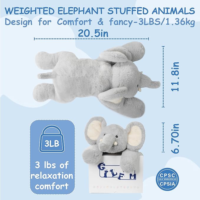 GILFWM Weighted Stuffed Animals Elephant - 20.5" Cute Toy Pillow Plushie Gifts for Kids Boys Girls & Adults, 3 lbs Soft Washable Plush Pillowfort