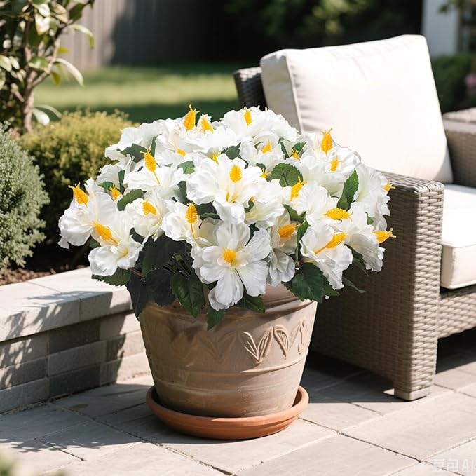 Grunyia Artificial Hibiscus Flowers 5 Bundles, UV Resistant Fake Tropical Flowers Realistic Silk Blooms for Outdoor Planter Garden Patio Porch Window Box Home Decor (White)