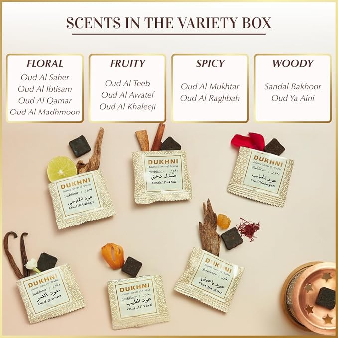 Oud Bakhoor Variety Box & Burner by Dukhni | Arabian Oudh Set with Candle Incense Burner | 20 pcs Arabic bukhoor Incense Bricks, 10 Mixed scents | Islamic, Eid & Ramadan Gifts | Home Fragrance