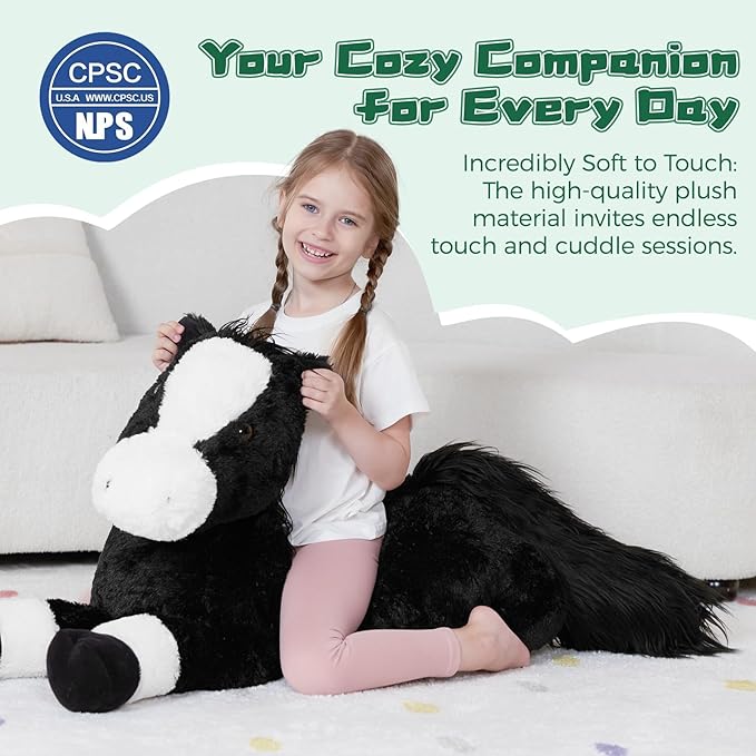 Tezituor 4ft Giant Black Horse Stuffed Animal, Realistic 47 inch Large Stuffed Horse Plush Toy for Boys Girls, Hugging Soft Pony Body Pillow Birthday Gift for Boys Girls