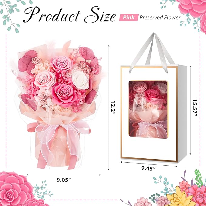 Flowers for Delivery Prime, 4 Pink Rose Preserved Flowers Bouquet Mothers Day Gifts for Mom, Birthday Gifts for Women Her Wife Girlfriend Grandma, Real Forever Flowers for Valentines Day Anniversary