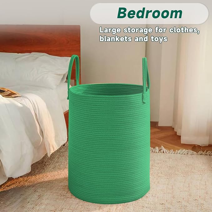 JMvicyroam Large Woven Laundry Basket Hamper,80L Cotton Rope Storage Bin for Blankets,Toys and Clothes,Decorative Tall Nursery Hamper for Living Room,Baby Nursery,Bathroom and Bedroom,Dark Green