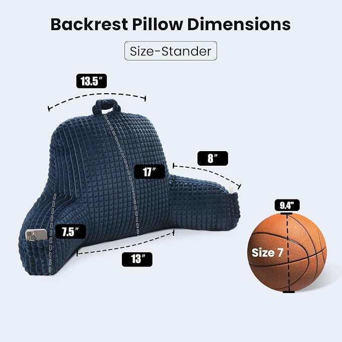 Reading Pillow with Arms for Sitting in Bed,Backrest,Blue Flannel,M | 17" Backrest with Arms Supports Back for College Students,Elbows & Forearms for Dorm Reading,Gaming,Watching TV