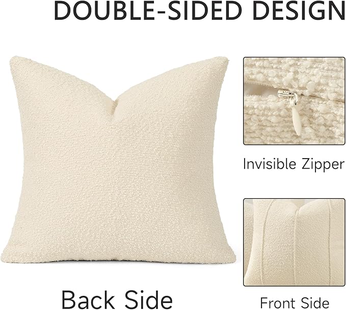 YCOLL Textured Boucle Throw Pillow Covers 24x24 Pack of 2 - Soft Neutral Striped Cushion Covers, Cozy Accent Decorative Pillow Covers for Couch, Sofa, Bed, Living Room (Cream)