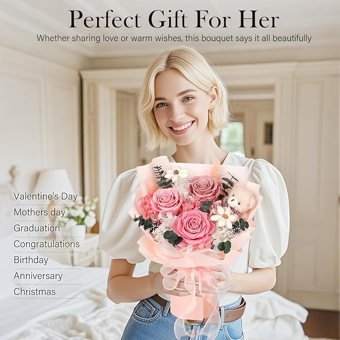 Preserved Flowers Bouquet with Bear, 3 Real Forever Flowers for Delivery, Long-Lasting Pink Eteranl Roses Bouquet, Mothers Day Gifts for Mom Grandma, Anniversary Birthday Gifts for Women Girlfriend