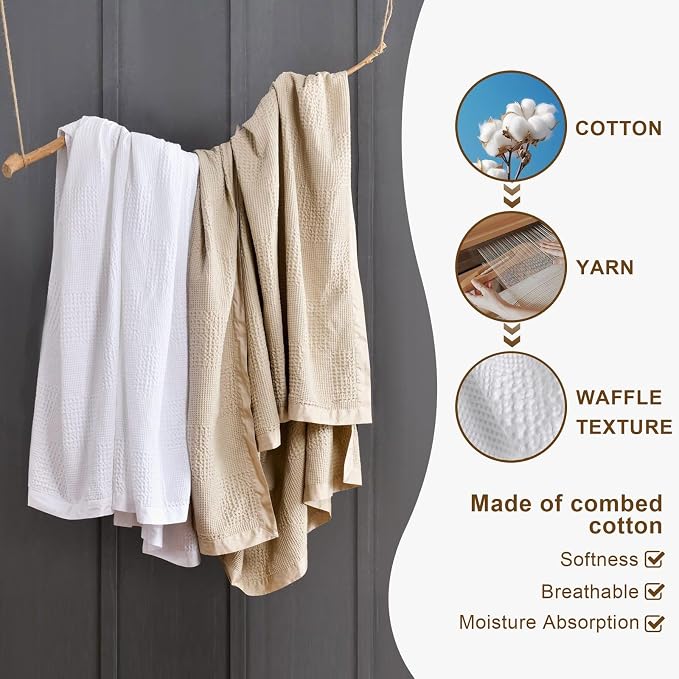 meadow park Cotton Waffle Blanket with Cotton Sateen Binding - King Size - Lightweight and Breathable - Washed Waffle Throw - White Color.