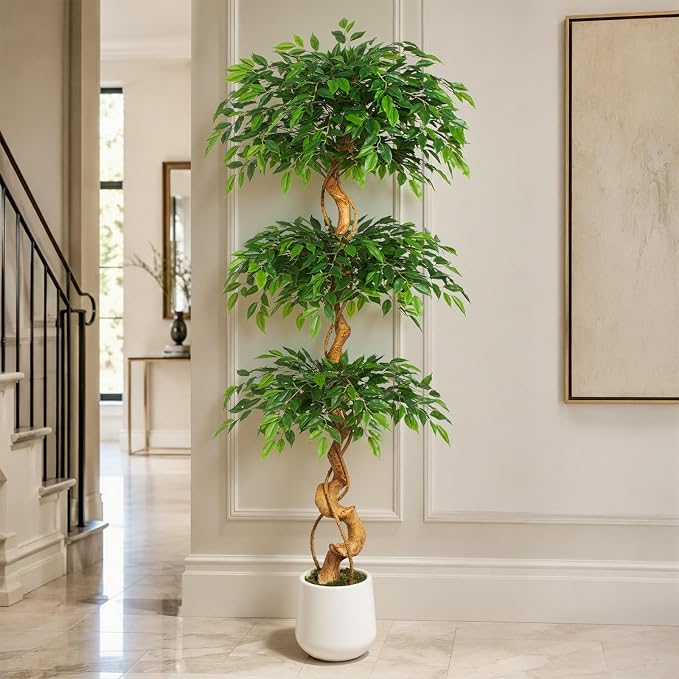 6FT Artificial Ficus Tree, 72in Fake Silk Tree with Natural Curved Trunk & 1860 Lush Leaves, Floor Faux Plant with White Pot, Low Maintenance Decor for Home, Office, Patio