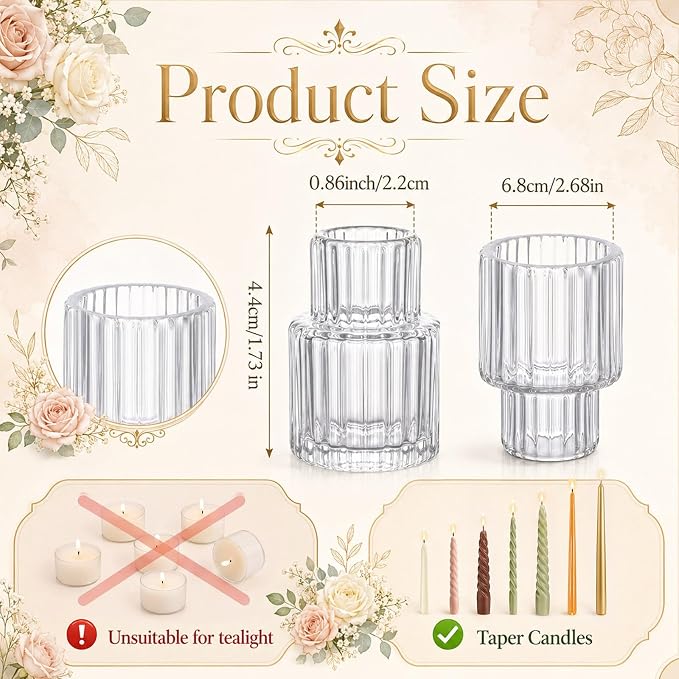 Mumufy 36 Pcs Vertical Stripe Glass Candlestick Holders Clear Small Tapered Candle Holder Bulk for Dining Table Centerpiece Wedding Party Decoration Home Gifts
