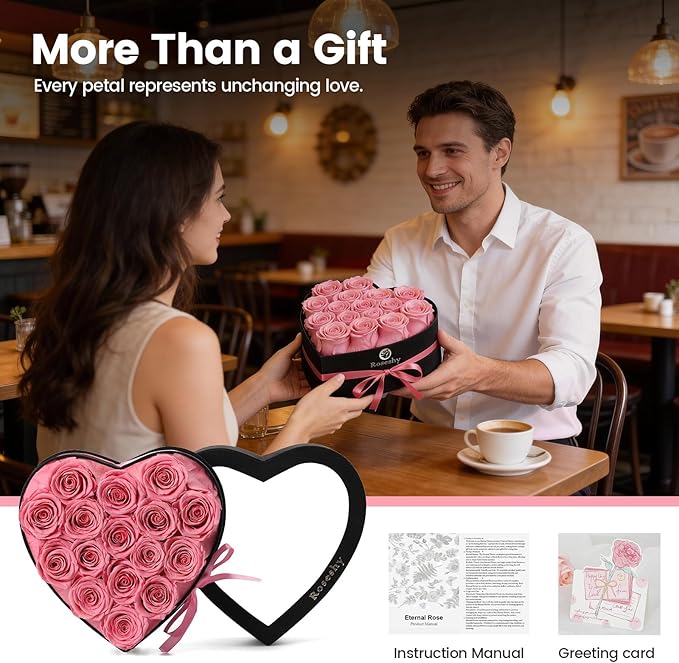 Valentines Day Flowers Roses Gifts for Her,16pcs Pink Forever Preserved Roses in Heart Shape Gift Box,Valentines Day Delivery Prime Gifts-Roses Gifts for Women,Mom.