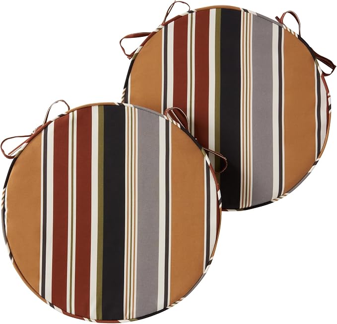 Set of 2 Outdoor 18 inch Round Patio Dining Chair Pads – Comfortable Fiber-Filled Seat Cushions with Ties, Reversible Polyester Fabric, Brick Stripe