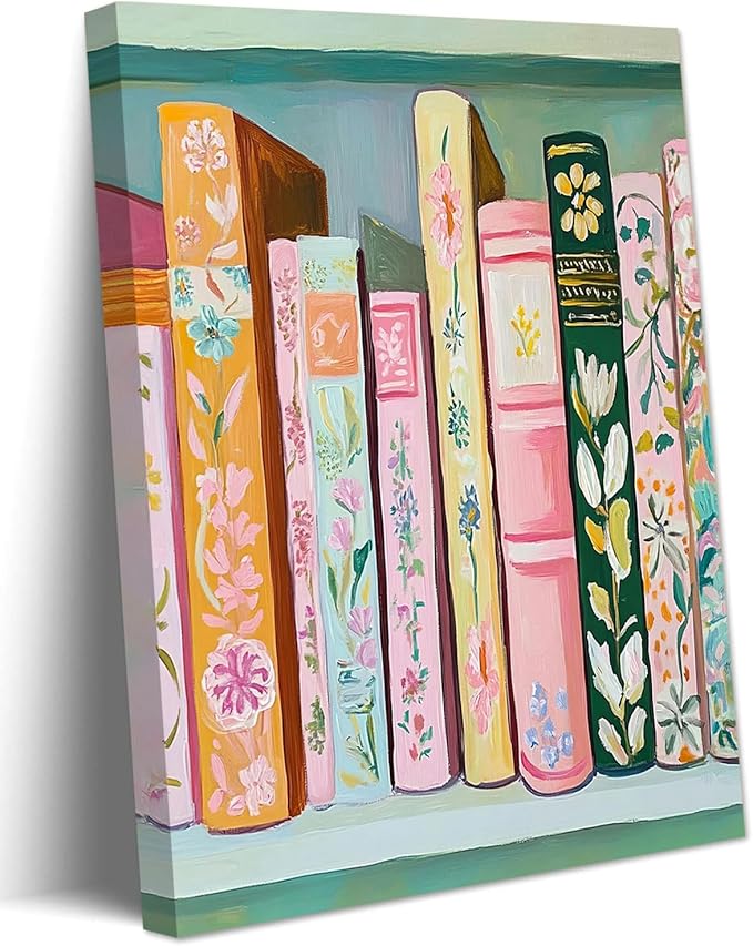 Book Wall Art Vintage Flower Books Canvas Wall Decor Pastel Bookshelf Artwork Painting Pictures Colorful Book Stack Posters Prints for Living Room Bedroom Reading Nook 12x16 Inch Framed