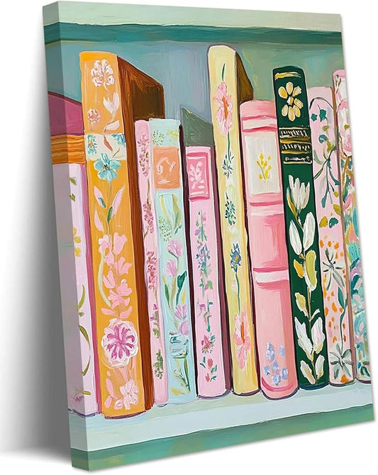 Book Wall Art Vintage Flower Books Canvas Wall Decor Pastel Bookshelf Artwork Painting Pictures Colorful Book Stack Posters Prints for Living Room Bedroom Reading Nook 12x16 Inch Framed