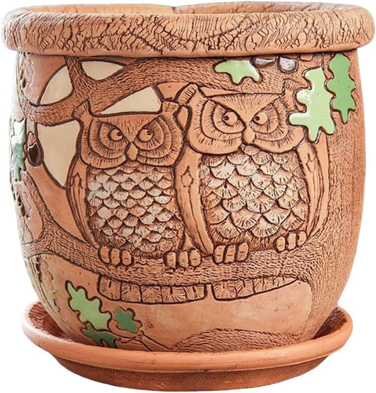 Ceramic Pot with Drainage Hole and Saucer, Plant Pots, Modern Decorative Planters for House Plants Indoor Flowers Plants, Cute Flower Pot - Gifts (Owls (1.6 L))