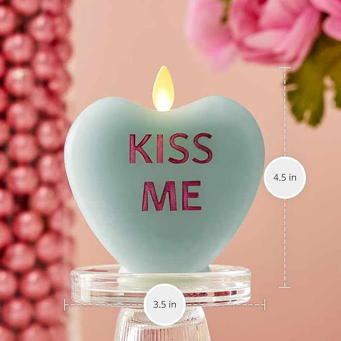 Luminara Candy Heart Kiss Me Fresh Mint Candle- Flameless Real-Flame Romantic Battery Operated LED Decor- Valentine's Day Collection- 3.5" x 4.5"