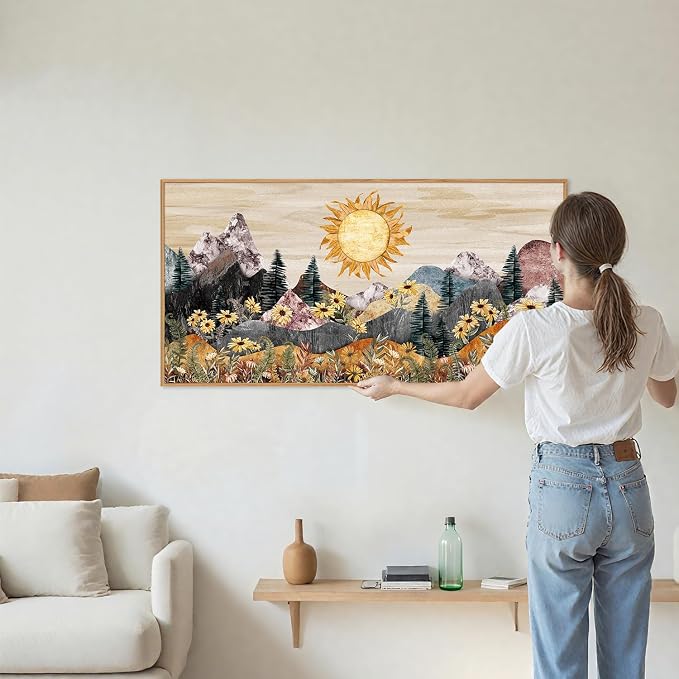 Rantodecor Boho Mountain Framed Canvas Wall Art, Western Daisy Floral Landscape Wall Decor, Rustic Fern Flowers Art Painting, Modern Fantasy Nature Sun Artwork for Bedroom Living Room Office 40"x20"