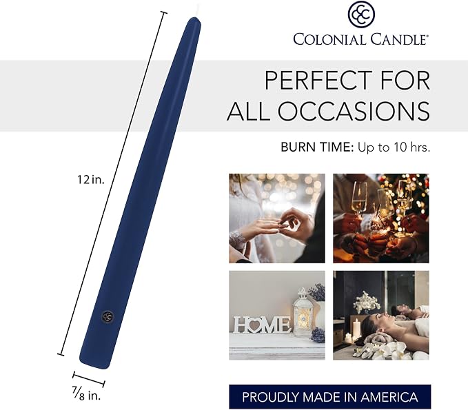 Colonial Candle Indigo Blue Taper Candles Hand Dipped - 12" Tall Candlesticks - Dripless, Unscented - Candles For Birthdays, Celebrations, 12 count (Pack of 1)