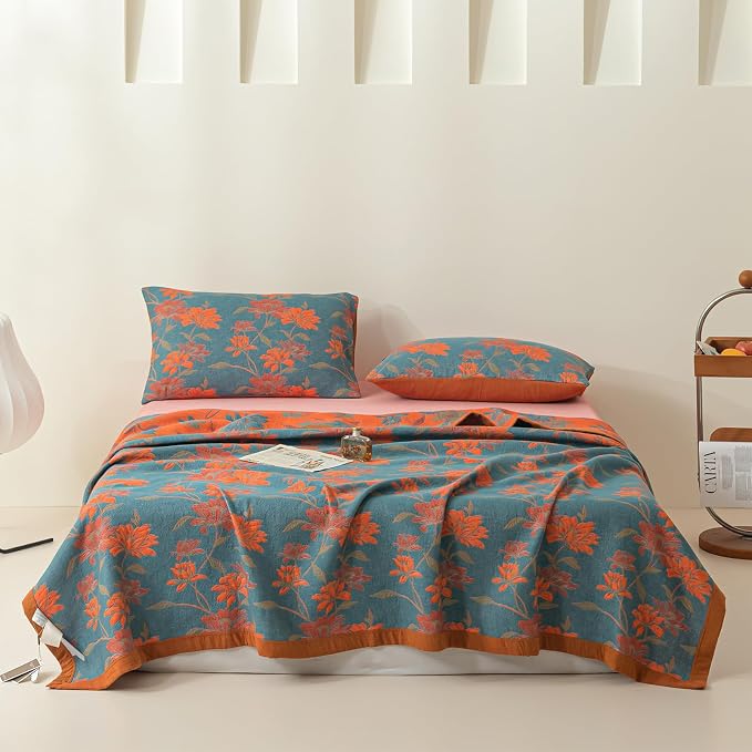 100% Cotton Muslin Blanket Jacquard Floral Flowers Bloosom Print Quilt, Soft Bed Cover 3 Layers Reversible Bedspread Coverlet Breathable Lightweight Bedding King(98"x94"), No Pillow Sham
