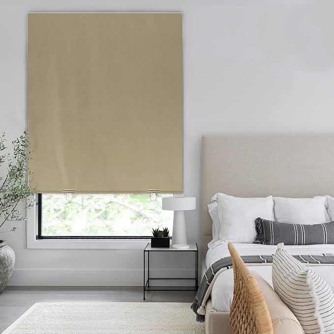 LazBlinds 100% Blackout Roller Shades, No Tools No Drill Cordless Blinds for Windows, Thermal Insulated UV Protection Privacy Window Shades for Bedroom (48''W x 72''H, Beige)