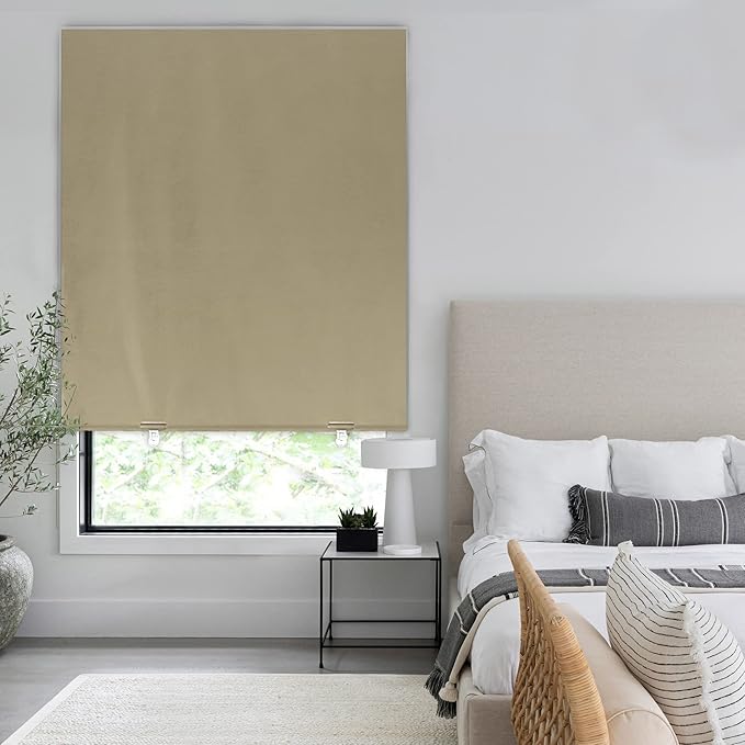 LazBlinds 100% Blackout Door Curtain, No Tools No Drill Cordless Blinds for Windows, Thermal Insulated UV Protection Privacy Window Curtains for French Door Front Door(26''W x 68''H, Beige, 1 Panel)