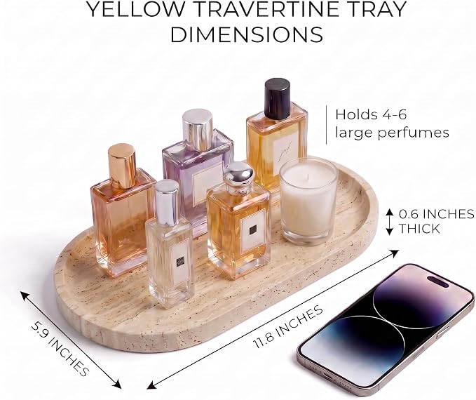 YKAJO Natural Travertine Beige Oval Marble Tray, 11.8x5.9 Vanity Organizer | Honed natural stone; jewelry & trinket dish, ring & key holder, soap & candle catchall; bath counter, dresser, coffee table