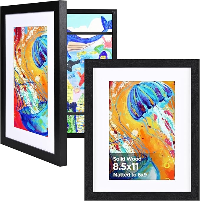 KINLINK 8.5x11 Kids Art Frame Set of 2, Solid Wood Kids Artwork Frames Changeable with Front Opening Hold 150 Pictures, Art Frames for Kids Art with Mat，without Mat 8.5x11 Picture Frame Black
