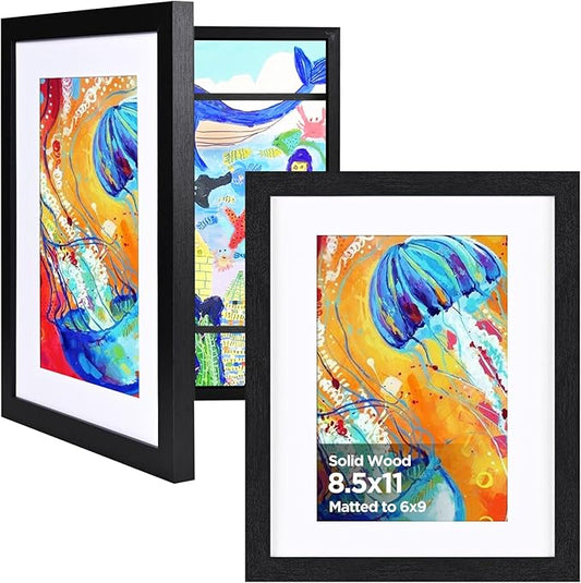 KINLINK 8.5x11 Kids Art Frame Set of 2, Solid Wood Kids Artwork Frames Changeable with Front Opening Hold 150 Pictures, Art Frames for Kids Art with Mat，without Mat 8.5x11 Picture Frame Black