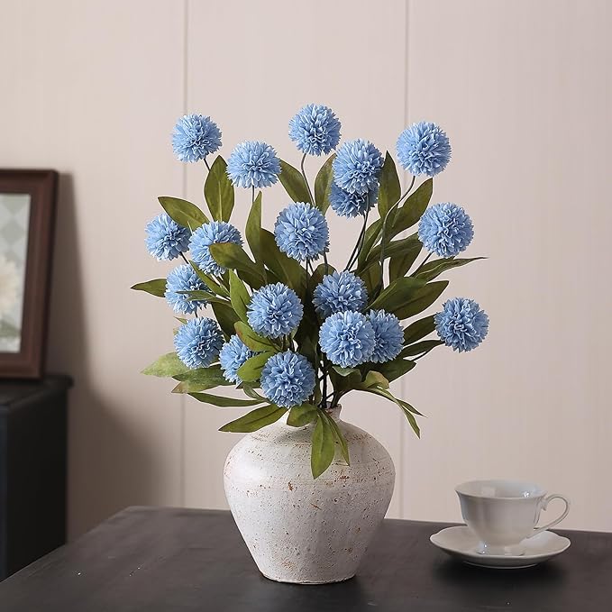 VIERENA 12 Pcs Faux Silk Pompon Mum Artificial Flowers for Vase -27", Bulk Fake Chrysanth Branches with Stems for DIY Bouquet Centerpieces Wedding Fillers Arrangements Shower Decorations (Dusty Blue)