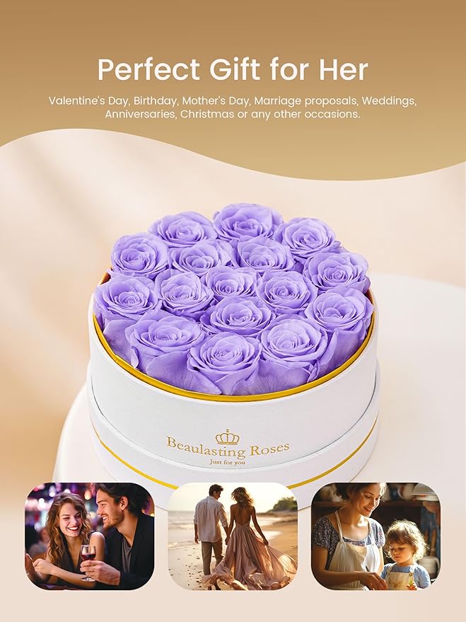 16 Preserved Roses Forever Flowers Real Roses in a Box Mother's Day Birthday Flowers for Her Mom Women Wife Valentine's Day, Light Purple Roses