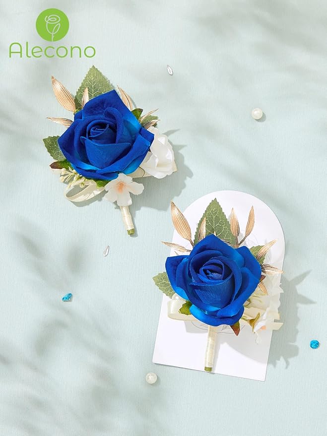 Alecono Boutonniere for Men, Set of 2 Navy Blue Corsages for Men Groom Bridegroom, Artificial Flowers for Prom Graduation Ceremony Anniversary