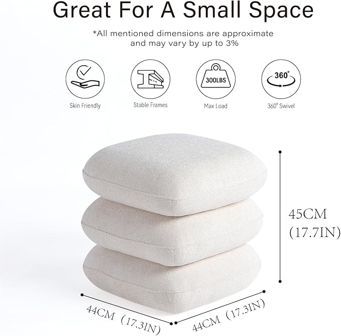 Get Set Style 360° Swivel Linen Ottoman, Modern Upholstered Foot Stool, Multifunctional Vanity Chair Accent Stool for Small Space, Living Room, Bedroom, Entryway, Warm Ivory