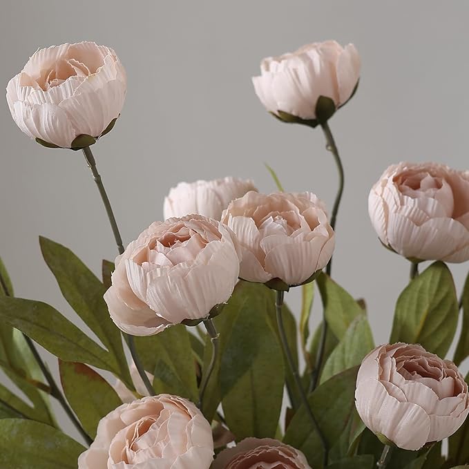 VIERENA 12 Pcs Faux Silk Peony Artificial Flowers for Vase -27", Bulk Fake Peonies Branches with Stems for DIY Bouquet Centerpieces Wedding Fillers Arrangements Shower Decorations (Beige)
