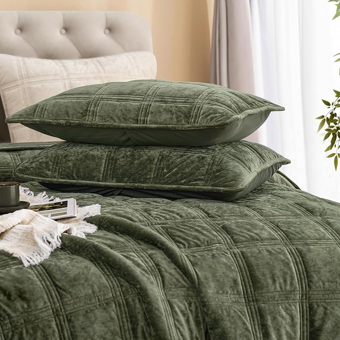 PHF Ultra Soft Velvet Quilt Set Queen Size – 3PCS Luxurious Cozy Quilted Comforter Alternative with Diamond Pattern, Warm Quilted Bedspread Coverlet, 90" x 92", Smokey Olive
