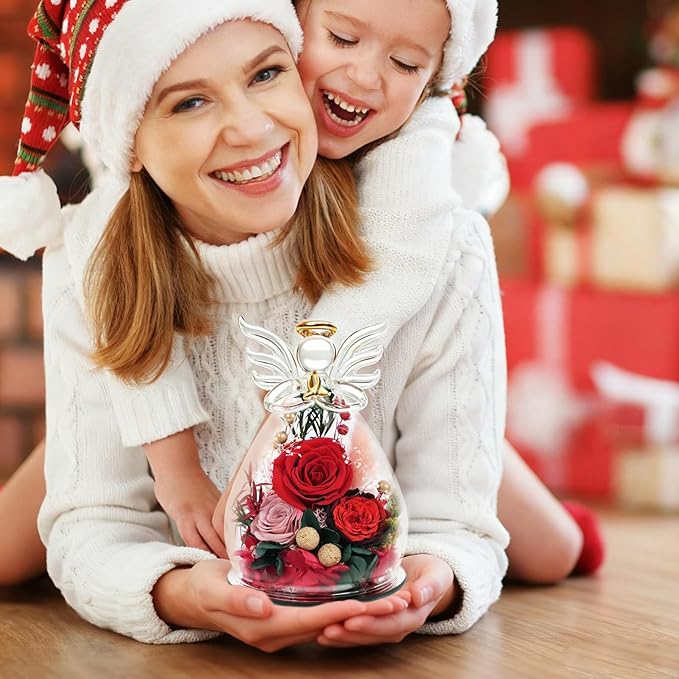 Red Preserved Rose Glass Angel Figurine, Romantic Gifts for Wife Girlfriend, Real Forever Flower I Love You Anniversary Birthday Presents for Her