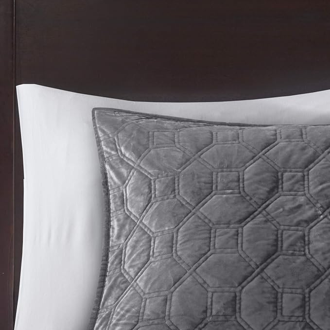 Madison Park Harper Quilt Set Velvet Casual Geometric Stitching Design All Season, Lightweight Coverlet, Cozy Bedding, Matching Shams, Full/Queen(90"x90"), Grey 3 Piece