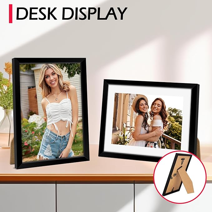 8x10 Picture Frame Set of 2, Black Photo Frame for Tabletop or Wall Display, Display Pictures 5x7 with Mat or 8x10 Without Mat, Frame Collage with HD Plexiglass for Gallery Wall Home Decor