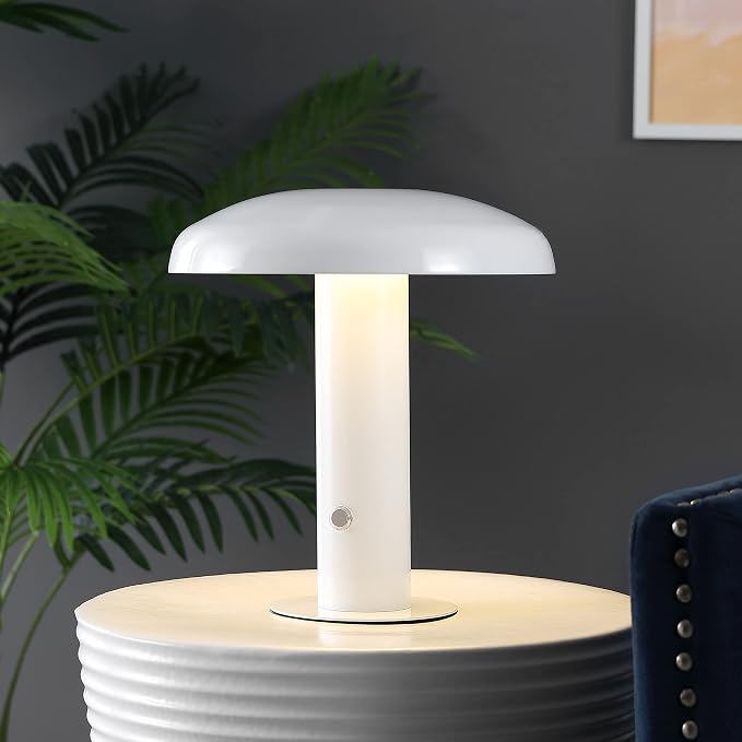 JONATHAN Y 11" White Rechargeable LED Mushroom Table Lamp, Cordless Portable Dimmable Mid-Century Modern Accent Lamp, with Metal Shade, Touch Sensor (JYL7114B)