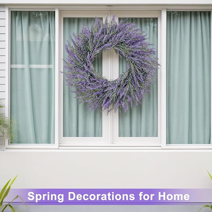 LZNPA 20 Inch Summer Spring Wreaths for Front Door Romance Lavender Wreath, Elegant Artificial Front Door Wreath for All Season Spring Decorations for Home Wall Entryway Farmhouse Porch Room Decor
