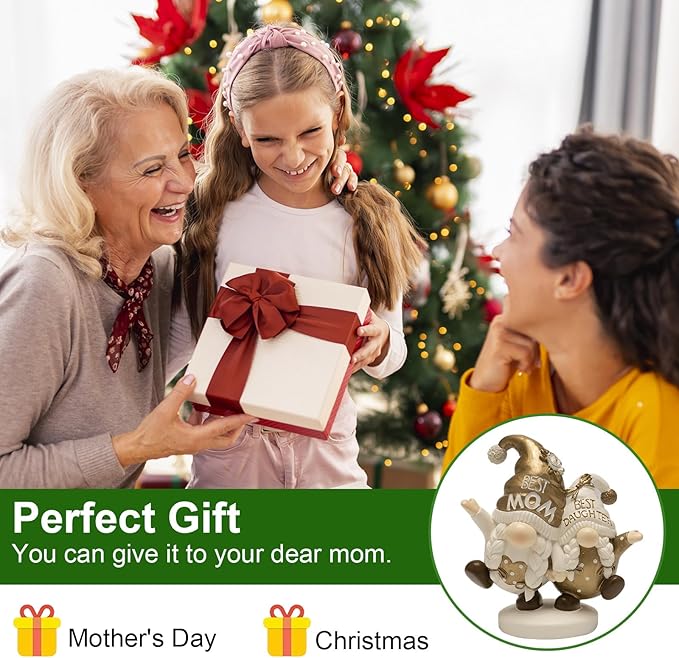 Mothers Day Gnome Figurines, Gold Resin Best Mom Daughter Gnome Decor, Cute Small Statue Birthday Gifts for Mom, Indoor Table Top Centerpieces Shelf Desk Tiered Tray Mantel Home Decorations