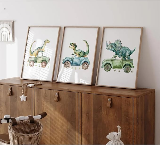 Dinosaur Nursery Wall Art Kids Canvas Poster Baby Boy Nursery Wall Decor Green Dino Pictures Toddler Prints Cartoon Dino Car Painting Boys Room Artwork for Bedroom Bathroom 16x24x3 Inch Unframed