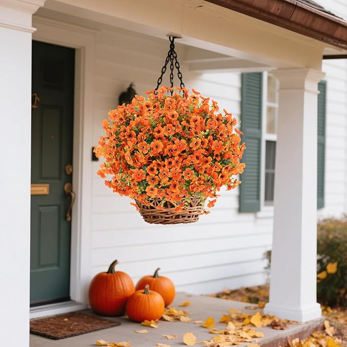 MERIXMAS 24 Bundles Fall Flowers Artificial for Halloween Decoration Outdoors, Fake Plants Autumn, Mums Daisy Eucalyptus Realistic UV Resistant for Garden Patio Porch Home Decor, Orange